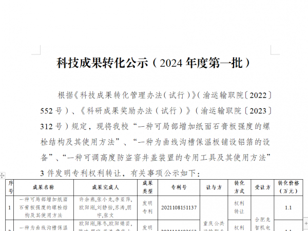 科技成果转化公示（2024年度第一批）